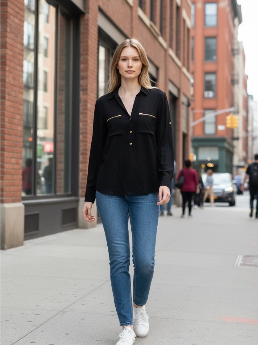 Express Business Casual Black Blouse with Gold Buttons and Zippers Size XS